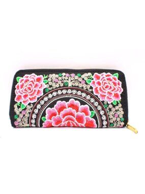 New Embroidered Pink Floral Full Zip Wallet Clutch Gold Accents Card Holder Vtg